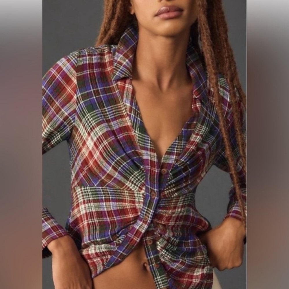 Pilcro Cinched Deep V Plaid Button Down Longsleeve Multicolor Boho Top Size L - Picture 11 of 11